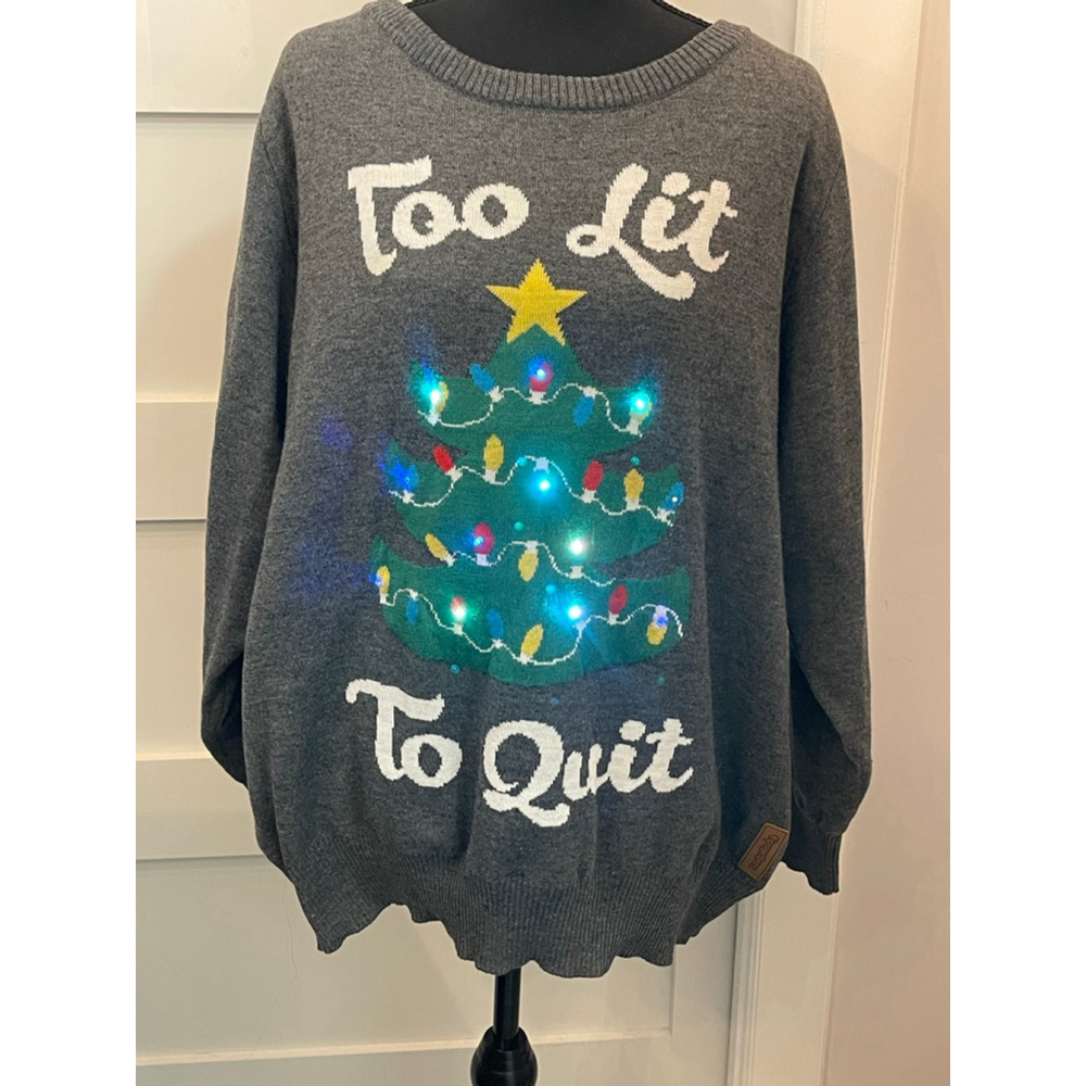 Tipsy Elves Too Lit To Quit LED Light Up Christmas Tree Sweater Gray Unisex 1x